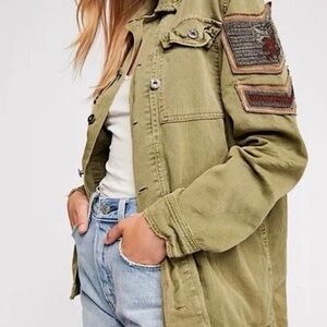 Free People Army Green Beaded Patches Utility Jacket
